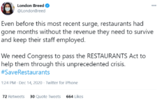 London Breed Tweet on Restuarant Act, mid-December 2020